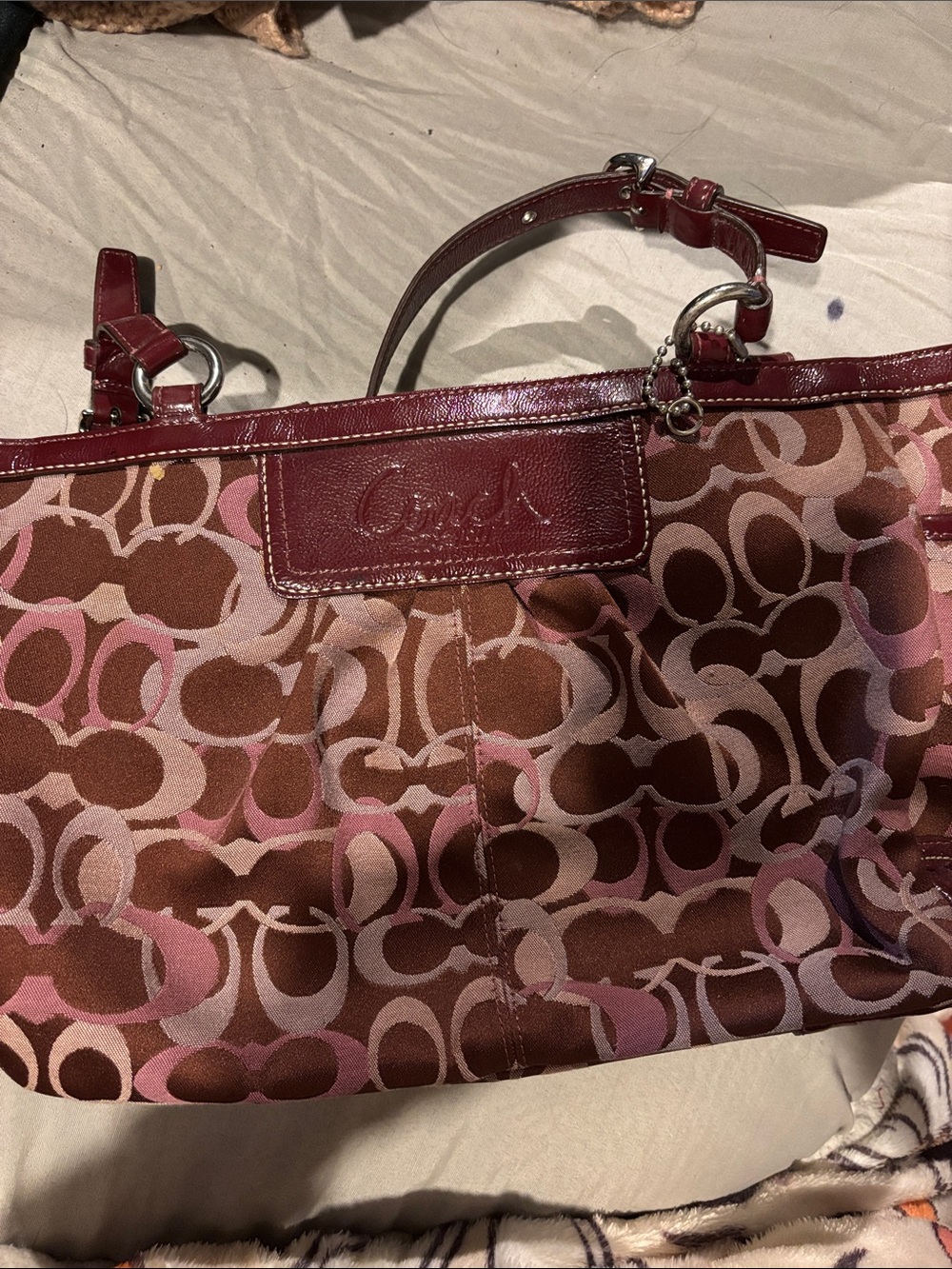 Coach Signature Shoulder Tote in Wine and Pink
